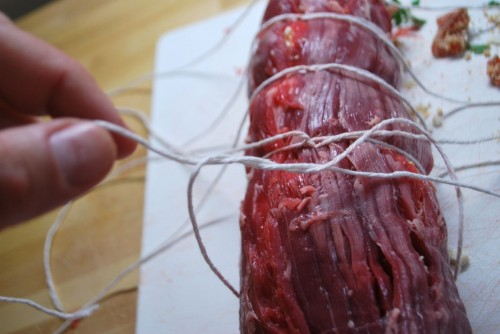 Tie up the flank steak