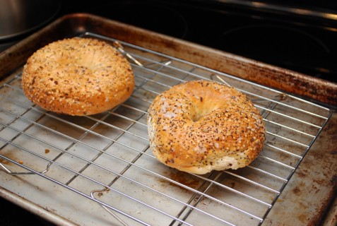 Place the frozen bagel on a rack Place the frozen bagel on a rack