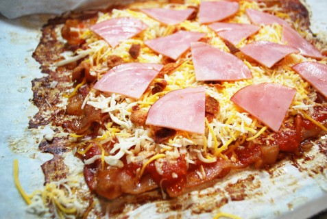 Top with the Canadian Bacon and Bacon Crumbles Top with the Canadian Bacon and Bacon Crumbles